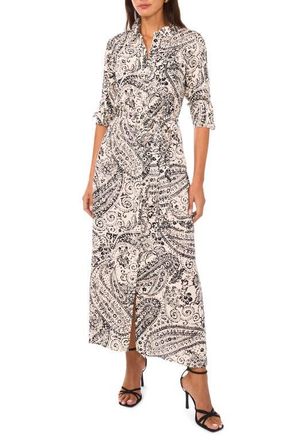 Vince Camuto Tie Belt Roll Tab Sleeve Maxi Shirtdress in Rich Black/Ivory at Nordstrom, Size Large