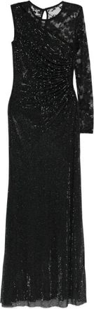 Self Portrait Lange jurk met &eacute;&eacute;n schouder en strass kanten mouw - Dames - Avondkleed - Zwart - S - Polyester - Kleedjes