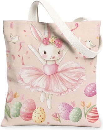Generic Floral Canvas Tote Bags, Cute Bunny Pattern Reusable Grocery Bags, Easter Vintage Lightweight Washable Shoulder Strap, Peach, 13x15 Inch