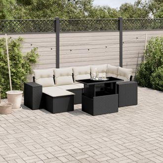 vidaXL Vidaxl - Set De Sof&aacute;s De Jard&iacute;n 7 Pzas Con Cojines Rat&aacute;n Sint&eacute;tico Negro