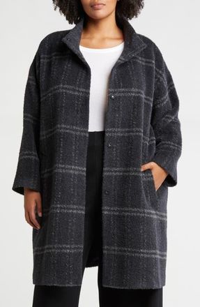 Eileen Fisher High Collar Plaid Coat in Charcoal at Nordstrom, Size 3X