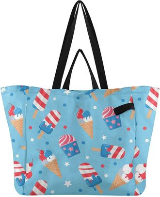 Generic Ice Cream Blue pattern Reusable Canvas Tote Bag, Heavy Duty Grocery Shopping Bag with Double Handles Large Capacity Hard Bottom Work Groceries Travel