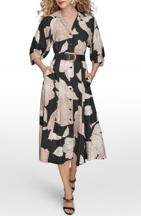 DKNY Floral Belted Shirtdress in Black/Fawn Multi (H5N) at Nordstrom, Size 10