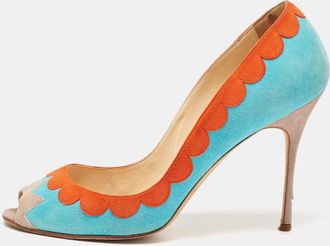 Manolo Blahnik Blue/orange Suede Peep Toe Pumps