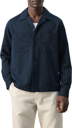Mango Long Sleeve Cotton Blend Button-Up Shirt in Navy at Nordstrom, Size X-Large