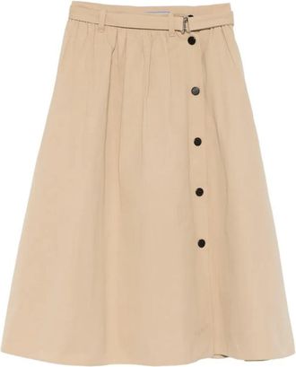 Prada Button-Detail Belted Cotton Midi Skirt