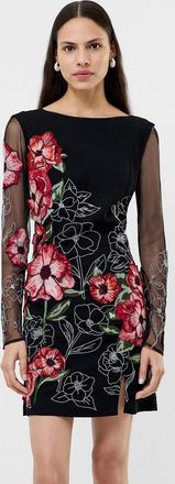 French Connection Womens Black Floral Embroidered Mesh Long Sleeve Scoop Back Mini Dress - Size 16 UK