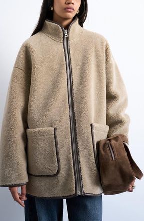 Topshop Longline Faux Shearling Jacket in Brown at Nordstrom, Size Medium