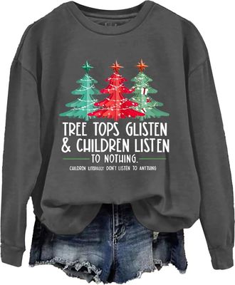 Generic Christmas Sweatshirt For Women Tree Tops Glisten And Children Listen To Shirt Teacher Christmas Pullover Tops Casual Sweatshirt (Dark Gray, XXL)