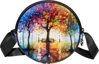 Generic Circle Crossbody Bag for Women, Watercolors Trees Small Sling Bag Daypack with Zipper Adjustable Shoulder Straps Casual Ladies Girls Round Purse