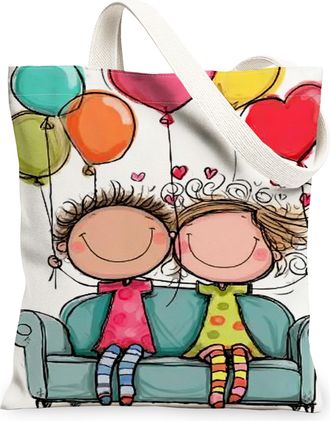 Generic Fanciful Canvas Tote Bags, Colorful Balloon Pattern Reusable Grocery Bags, Fun Lightweight Washable Shoulder Strap Canvas F, Multicolor, 13x15 Inch