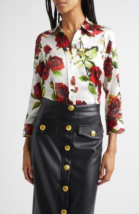 L'agence Dani Rose Print Silk Button-Up Shirt in White/Red Romantic Rose at Nordstrom, Size Xx-Large