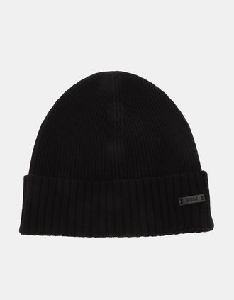 HUGO BOSS Mens Fati Beanie Hat in Virgin Wool - Black - Size: ONE size