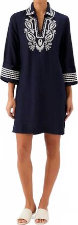 Karen Kane Cuffed Sleeve Embroidered Dress In Navy