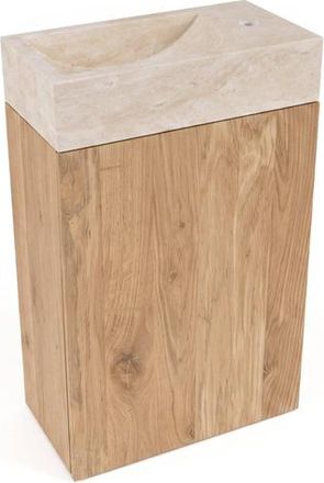 Saniclass Holz Pure Toiletmeubelset - 40x60.5cm - 1 deur - fontein travertine - kraangat rechts - eiken natural