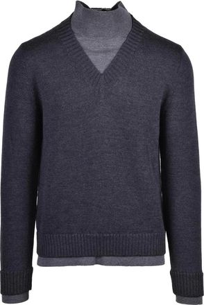 Alpha Studio Layered Grey Merino Wool Turtleneck Sweater