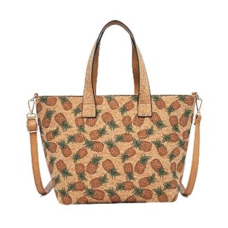 Generic Cork Print Multifunctional Tote Bag | Uni Bag with Designs, Adjustable Shoulder Strap, 36x24x15cm, Zippered Interior and Exterior Pockets (Pineapple)