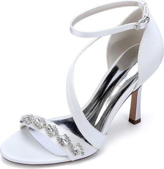 Generic Womens Bridal Satin Stiletto Sandals Dress Weddin Heel Formal Rhinestone Evening High Heels 9.5Cm,White,10 UK