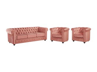 Vente-Unique Sof&aacute; 3 plazas y 2 sillones de terciopelo CHESTERFIELD - Rosa polvo