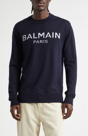 Balmain Paris Logo Jacquard Merino Wool Sweater in Navy/Natural at Nordstrom, Size Xx-Large