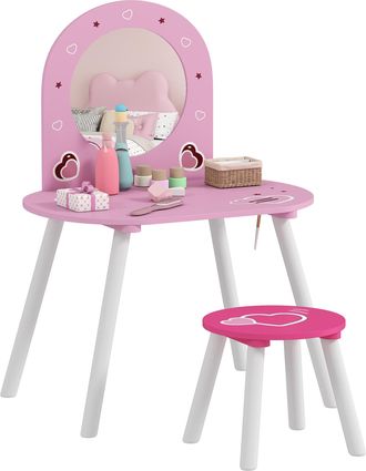 OEM Tocador Infantil Con Taburete Y Espejo Tocador Para Ni&ntilde;as Con Dibujos De Corazones Para Ni&ntilde;os Y Ni&ntilde;as De 3-6 A&ntilde;os Rosa