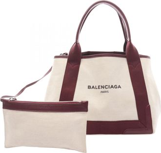 Balenciaga Bordeaux Ivory Canvas Leather Pouch Tote Bag (Pre-Owned)