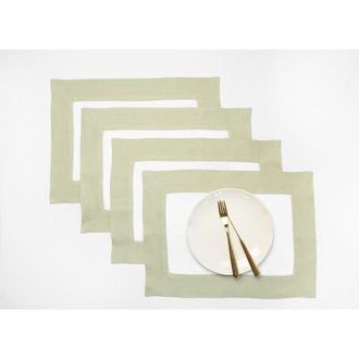 Solino Home Linen Placemats Set of 4, 14 x 19 Inch for Dining Table, Holiday and Everyday Table Decor - Contempo in Sage Green And White at