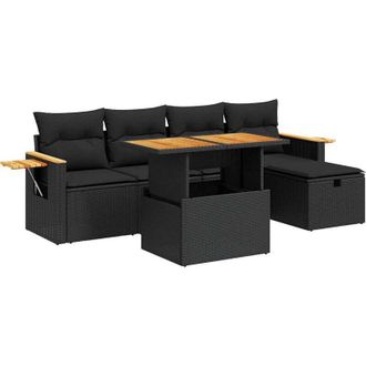 vidaXL Set De Sof&aacute;s De Jard&iacute;n 6 Piezas Y Cojines Rat&aacute;n Sint&eacute;tico Negro