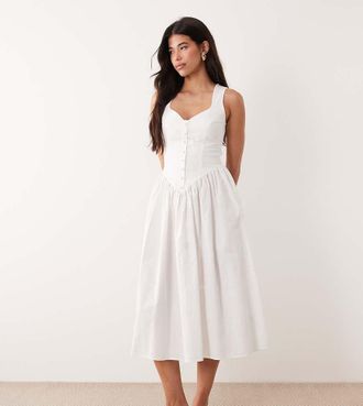 KAIIA Esclusiva Kaiia - Vestito lungo in popeline di cotone bianco con scollo a cuore e bottoni con vita scesa a V