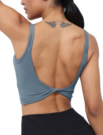 Generic Womens Workout Sports Bras Backless Padded Yoga Tank Tops Crop Twist Low Back Cami Bra for Gym Grey Blue