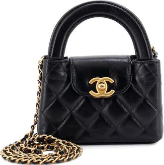 Chanel Borsa a tracolla Kelly nano in pelle di vitello trapuntata lucida con manico - Nero