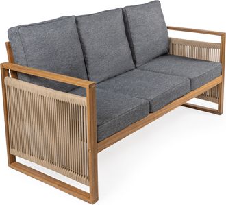 Jonathan Y Designs Gable 3-Seat Mid-Century Modern Roped Acacia Wood Outdoor Sofa with Cushions, Beige/Light Teak
