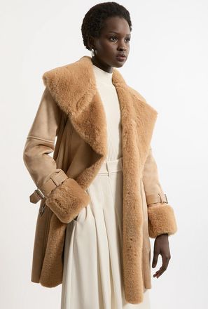 Karen Millen Womens Faux Shearling Collar & Cuff Belted Short Coat - Beige - Size 14 UK