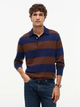 Tommy Hilfiger Mens Relaxed Wool-Blend Rugby Sweater Polo - Navy / Brown Stripe - XL