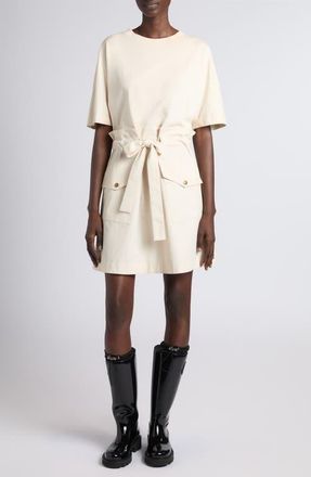 Moncler Hybrid Knit & Woven Drawstring Minidress in Neutral at Nordstrom, Size Xx-Large