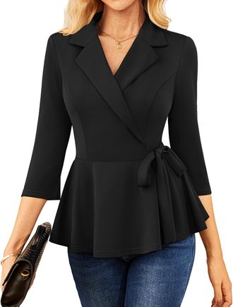Grace Karin Ladies V-Neck Tops Tie Front Tunic Zip Blouse Shirt Womens Clothing 3/4 Sleeve Autumn Business Occasion Top CL340-01/Black XXL