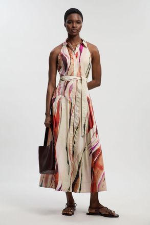 Karen Millen Womens Marble Print Cotton Collared Halterneck Woven Midi Shirt Dress With Dropped Waist Detail - Multicolour - Size 12 UK