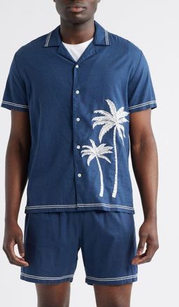 Rails Gibson Palm Tree Embroidered Short Sleeve Linen Blend Button-Up Shirt in Navy White Palm at Nordstrom, Size X-Large