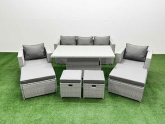 Fimous 8 PCs Rising Dining Table Set Rattan Furniture Set with 3 Seater Sofa in Light Grey