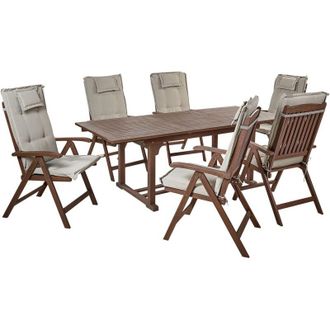 Beliani Set da giardino con 6 sedie in legno di acacia marrone scuro con cuscini grigio talpa Amantea