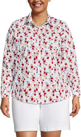 Lands End No Iron Supima Cotton Long Sleeve Shirt in White Multi Poppy Floral at Nordstrom, Size 20W