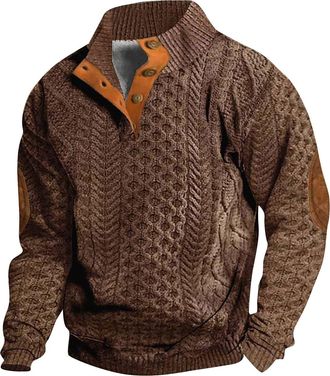 Generic Men Fleece Sweatshirt - Patterned Pullover Sweatshirt Stand Collar Button Up Hoodless Sweatshirt with Elbow Patch Casual Sweater Fall Winter Thermal J