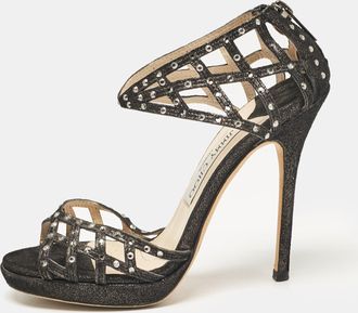 Jimmy Choo London Black Suede Crystal Embellished Cut Out Strappy Sandals