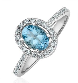 The Diamond Store Aquamarine 0.70CT And Diamond 18K White Gold Ring