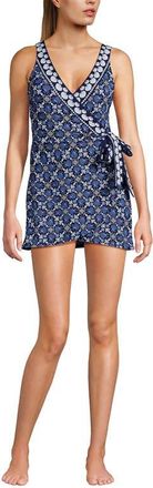 Lands End Side Tie Mini Swim Dress Swimsuit in Seashell Geo/navy Border at Nordstrom, Size 14