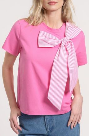 Isaac Mizrahi New York Striped Bow Stretch Cotton T-Shirt in Light Pink at Nordstrom, Size X-Small