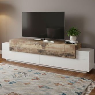 Dmora Dmora - Mueble Para Tv Para Sala De Estar, Made In Italy, Mueble Para Tv Con 3 Puertas Y Estantes, Cm 200x45h52, Blanco Brillante Y Color Arce, Con Em