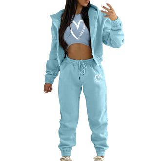 Generic Womens Casual Tracksuit Autumn and Winter Top Vest Pant 3 Pieces Set Fashion Solid Color Zip Hooded Sweatshirt Pants Casual 3 Pieces Set Tracksuit Wom