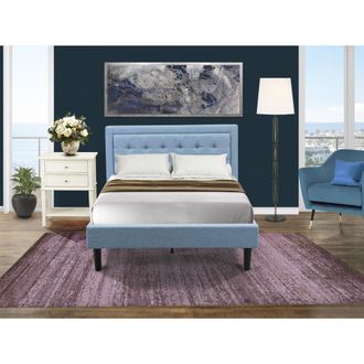 East West Furniture FN11F-1VL0C 2-Piece Platform Full Size Bedroom Set with 1 Mid Century Bed and a Bedroom Nightstand - Denim Blue Linen Fabric