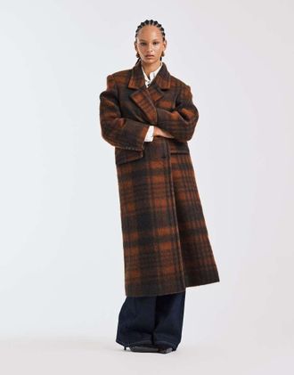 Asos Cappotto dad fit in misto lana spazzolato premium marrone e arancione a quadri-Multicolore